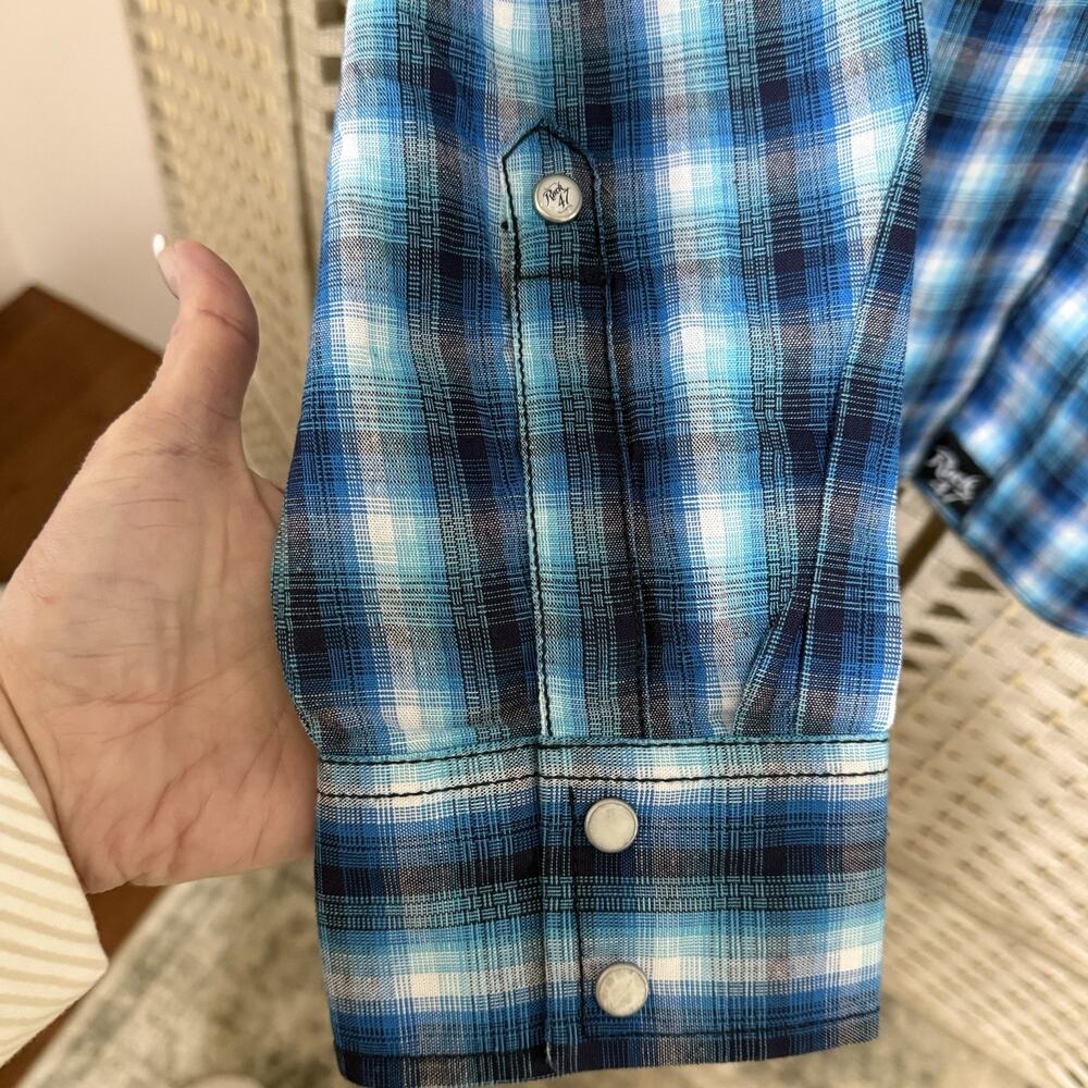 Wrangler Rock 47 Men’s Western Pearl Snap Shirt XXL Blue Plaid Long Sleeve EUC - Picture 5 of 12